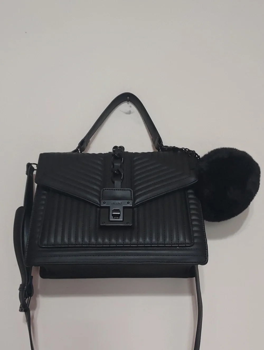 ALDO Chic Black Quilted Top-Handle Satchel with Pom Accent